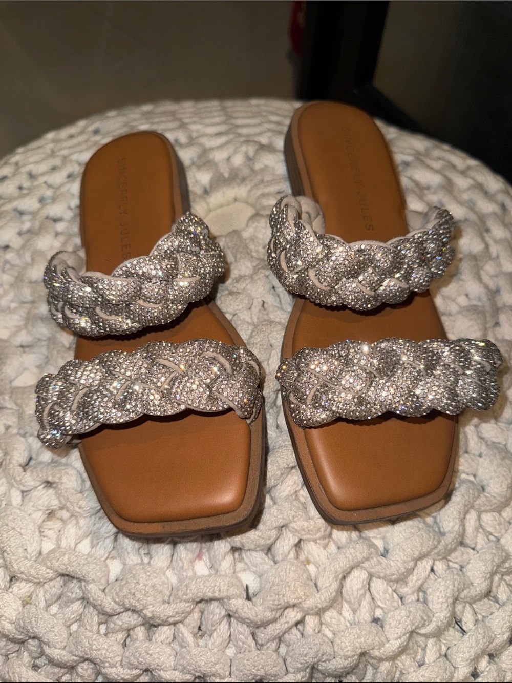 Sincerely Jules 7.5 Braided Crystal, Slide Sandals with Soft Braided Straps EUC
